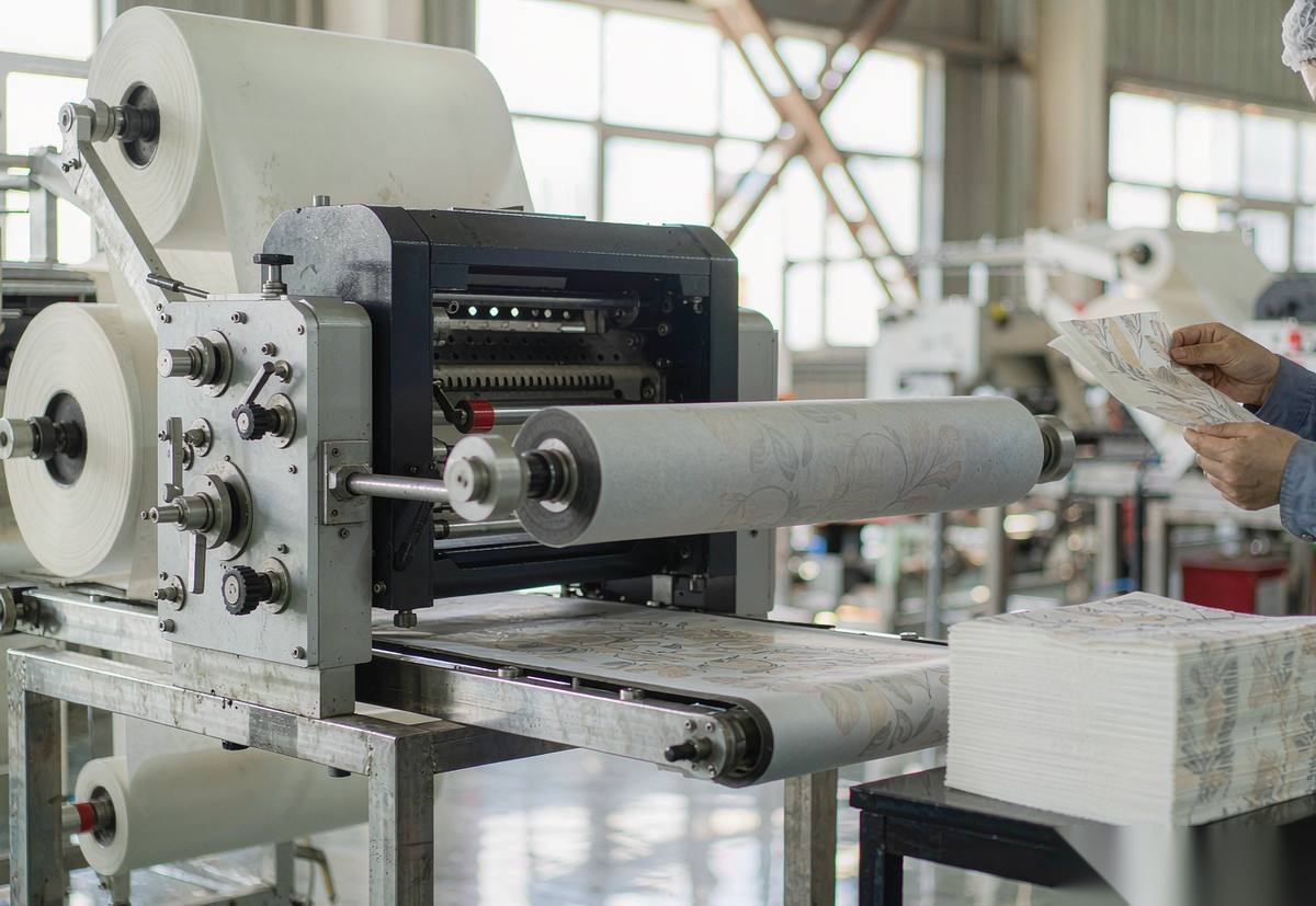 Jinman Paper Supplies flexographic printing line producing custom printed napkins