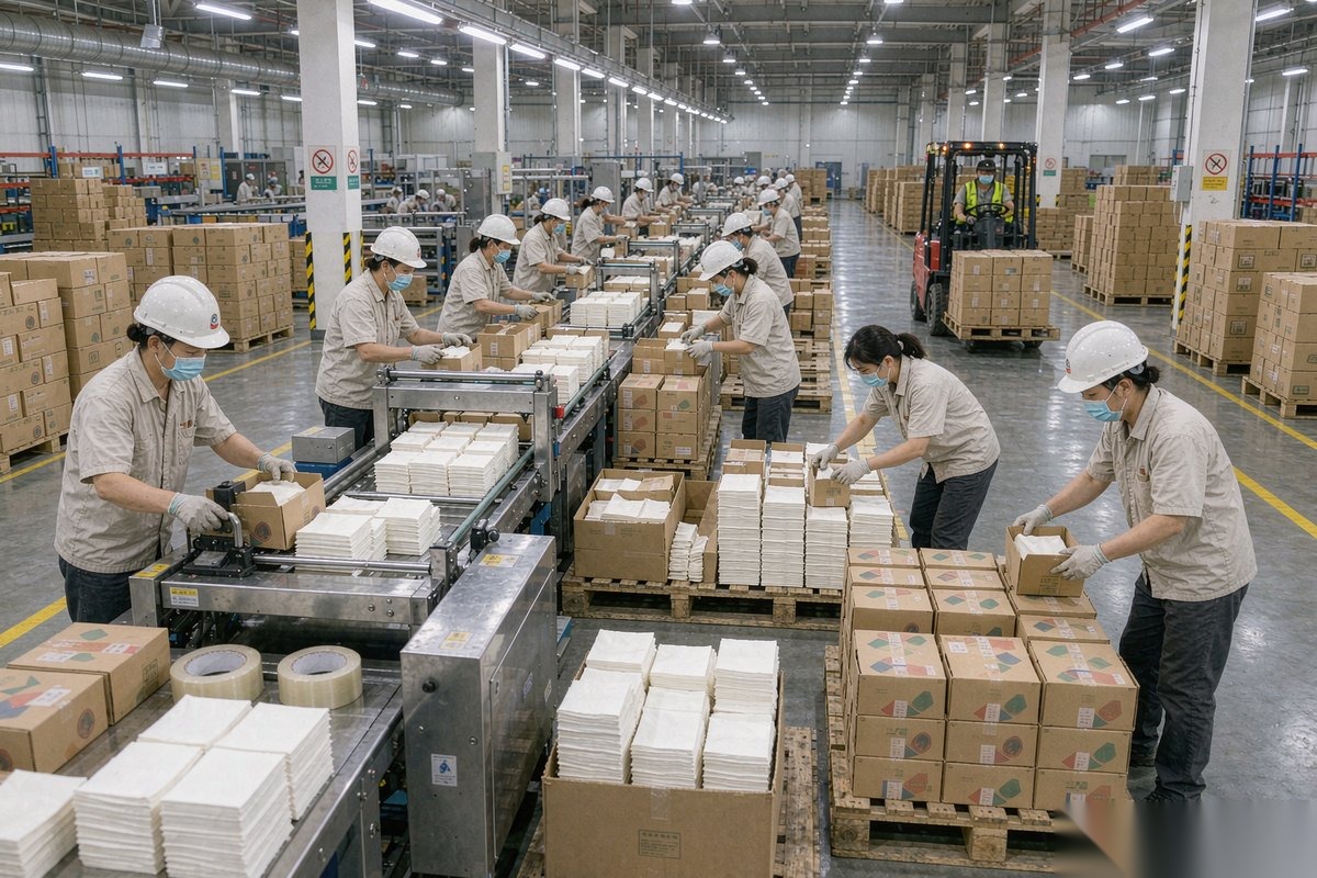 Jinman Paper workers packing napkins into export cartons