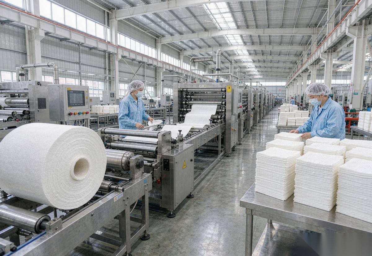 Jinman Paper Supplies napkin factory workshop with airlaid converting machines and stacked napkins