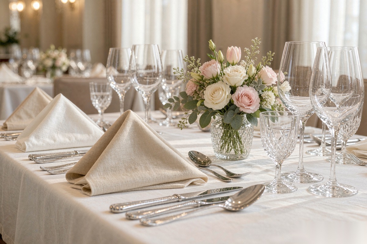 Elegant restaurant table setting with premium airlaid napkins — wholesale napkin solutions for hotels and restaurants