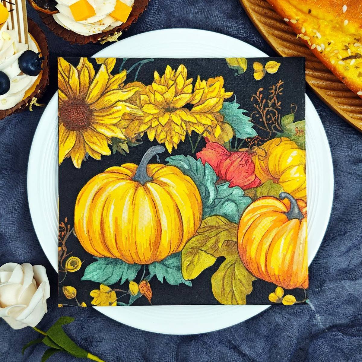 Autumn Sunflower & Pumpkin Watercolor Napkins