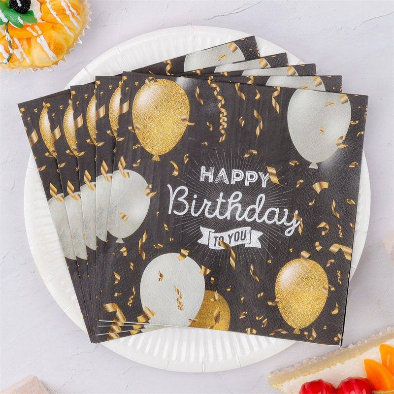Black Gold Balloon Birthday Plate Napkins