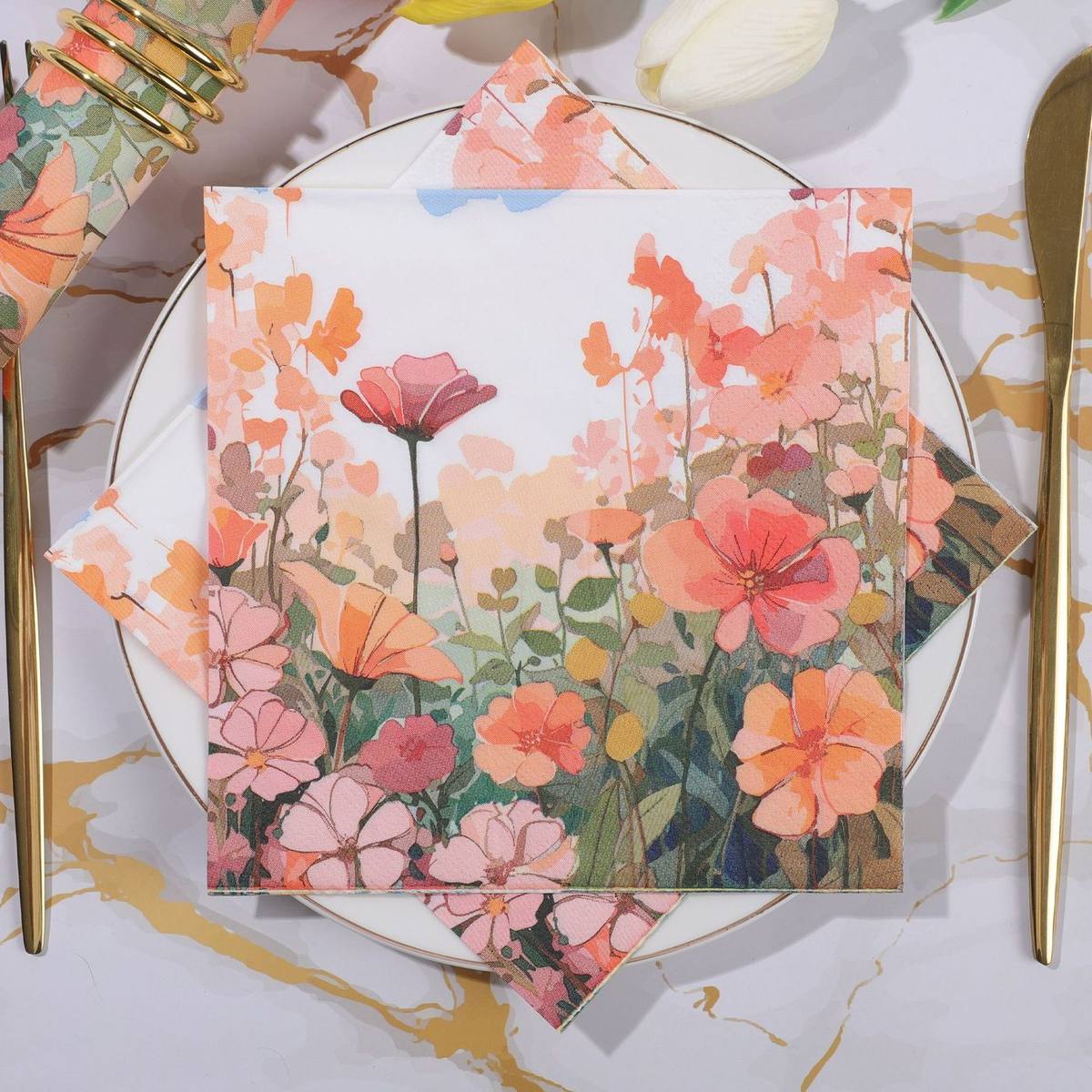 Coral Peach Flower Field Napkins