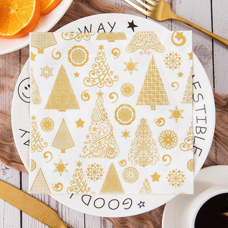 Gold Christmas Trees Snowflakes Napkins